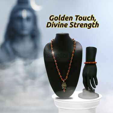 Golden 5 Mukhi Rudraksh Mala With Trishul Damru Pendant + Rudraksh Bracelet (5RMRB2)