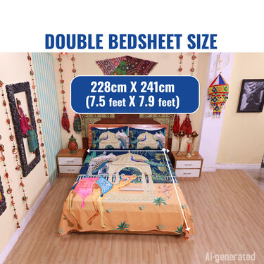 Royal Rajasthani Printed Double Bed Sheet With 2 Pillow Covers (DBS29)