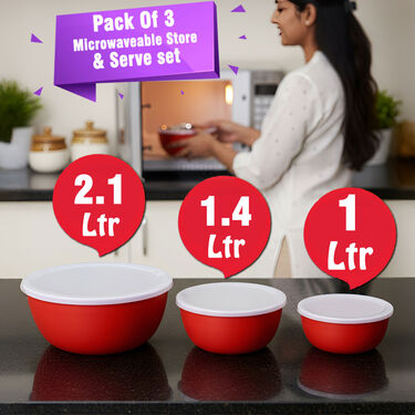 Pack of 3 Microwaveable Stainless Steel Bowl Set With Airtight Lids (3MB2)