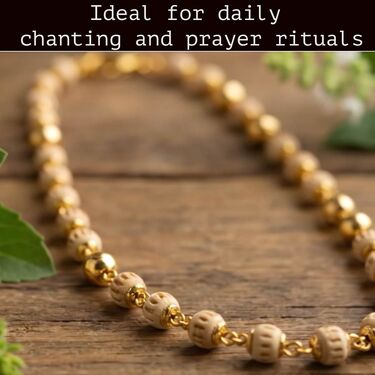 Natural White Tulsi Mala With Golden Caps (SJTM4)