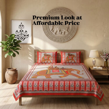 Rajasthani Elephant Cotton Rich Double Bedsheet With 2 Pillow Cover (DBS40)