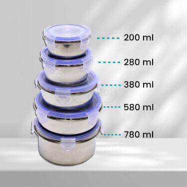 Pack Of 5 Leakproof & Airtight Steel Storage Containers (5ASC1)