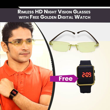 Rimless HD Night Vision Glasses With Free Golden Digital Watch (NVGW1 ...