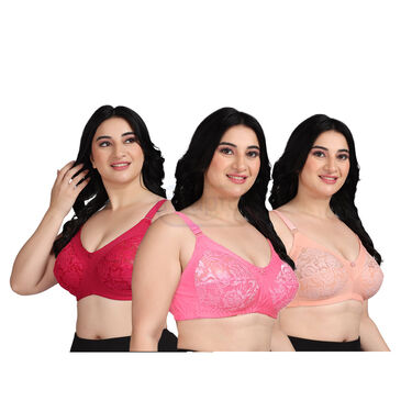 Pack Of 3 Full Coverage Daily Wear Bust Support Net Bra - Plus Size Only (3FCB2)