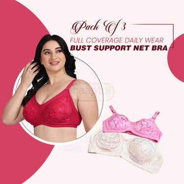 Pack Of 3 Full Coverage Daily Wear Bust Support Net Bra - Plus Size Only (3FCB2)