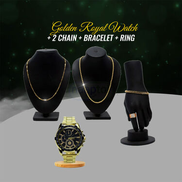 Mens Golden Royal Watch + 2 Chain + Bracelet + Ring (MGW2CBR16)