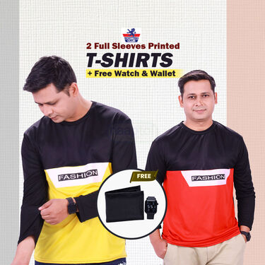 2 Full Sleeves Printed T-shirts With Watch And Wallet Free (2RFT1)