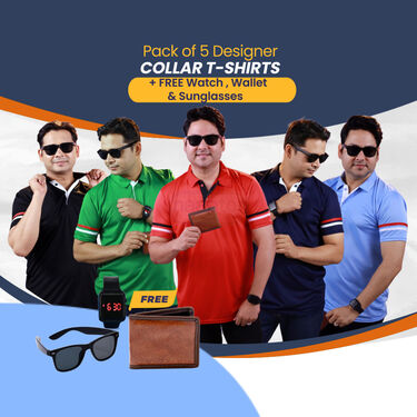 Pack of Designer Collar  T-Shirts With Watch+Wallet And Sunglass Free (5PTW8)