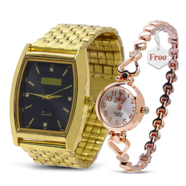 Mens Golden Watch with Free Ladies Designer Watch (MLGW16)