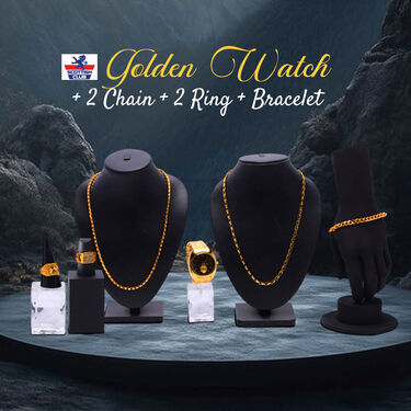 Golden Watch + 2 Chain + 2 Ring + Bracelet (MGW2C2RB1)
