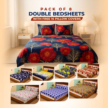 Pack Of 8 Double Bed Sheets With16 Pillow Covers Free (8BS65)