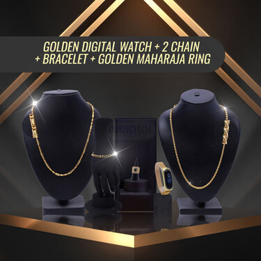 Golden Digital Watch + 2 Chain + Bracelet + Golden Maharaja Ring (GDW2CBR3)