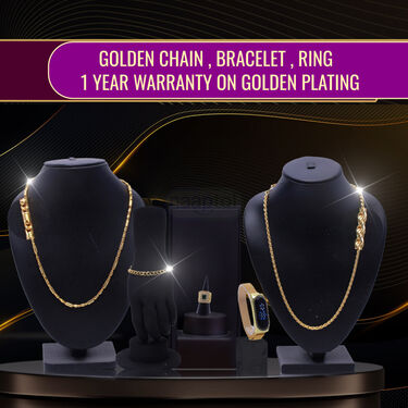 Golden Digital Watch + 2 Chain + Bracelet + Golden Maharaja Ring (GDW2CBR3)
