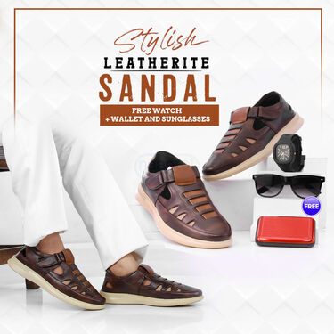 Stylish Leatherite Sandals With Free Watch Wallet And Sunglasses (SDC19)