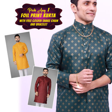 Pick Any 1 Mens Foil Print Kurta With Golden Chain And Bracelet Free (K1L5)