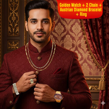 Mens Golden Watch + 2 Chain + Austrian Diamond Bracelet + Ring (MGW2CBR18)