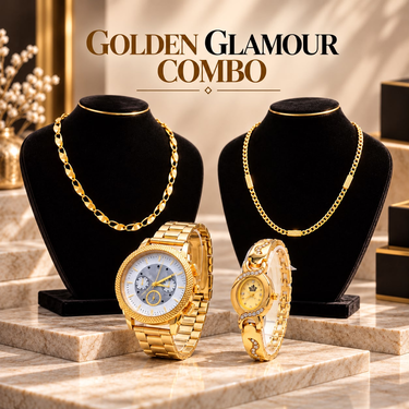Mens Golden Watch + Ladies Watch + 2 Chain (MLGW2C)