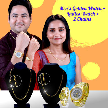 Mens Golden Watch + Ladies Watch + 2 Chain (MLGW2C)