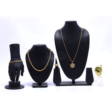 Mens Golden Watch + 2 Chain +Austrain  Diamond Om Pendant  + Bracelet + Ring  (MGW2CBRP5)