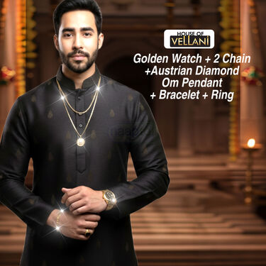 Mens Golden Watch + 2 Chain +Austrain  Diamond Om Pendant  + Bracelet + Ring  (MGW2CBRP5)