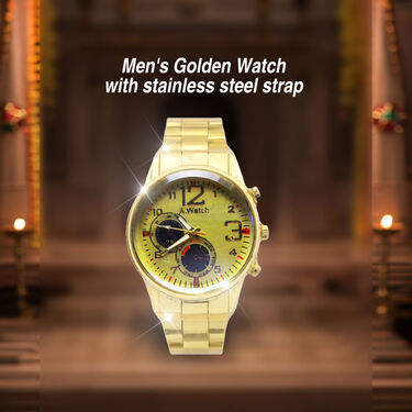 Mens Golden Watch + 2 Chain +Austrain  Diamond Om Pendant  + Bracelet + Ring  (MGW2CBRP5)