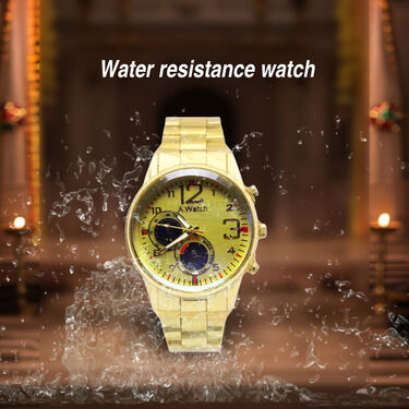 Mens Golden Watch + 2 Chain +Austrain  Diamond Om Pendant  + Bracelet + Ring  (MGW2CBRP5)