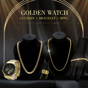 Golden Watch +2 Chain + Bracelet + Ring  (MGW2CBR19)