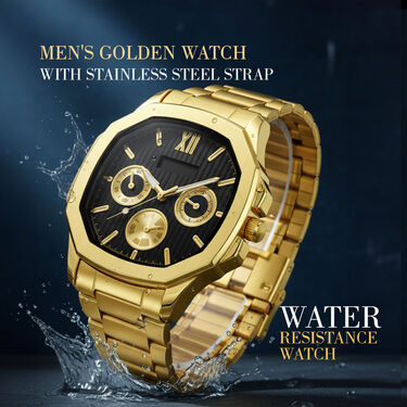 Golden Watch +2 Chain + Bracelet + Ring  (MGW2CBR19)