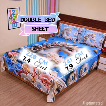 Unicorn Printed Double Bed Sheet With 2 Pillow Covers (DBS27)