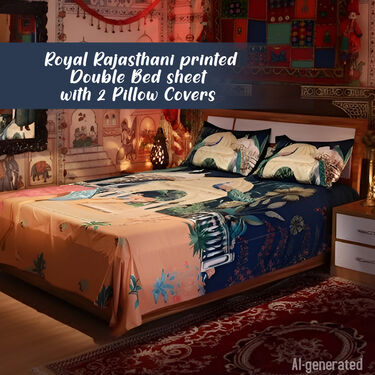 Royal Rajasthani Printed Double Bed Sheet With 2 Pillow Covers (DBS29)