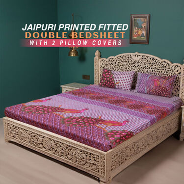 Jaipuri Printed Fitted Double Bed Sheet With 2 Pillow Covers (DBS30)