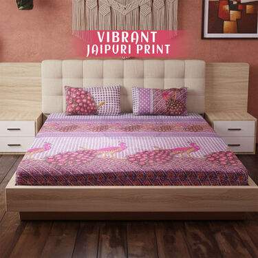 Jaipuri Printed Fitted Double Bed Sheet With 2 Pillow Covers (DBS30)