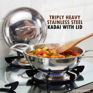 Triply Heavy Stainless Steel Kadai With Lid (1TPK1)