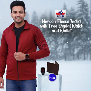 Maroon Fleece Jacket With Digital Watch And Wallet Free (1FJ9M)