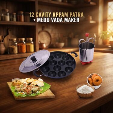12 Cavity Nonstick Appam Patra with Lid + Stainless Steel Medu Wada Maker (1AP1MW1)