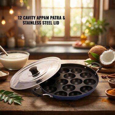 12 Cavity Nonstick Appam Patra with Lid + Stainless Steel Medu Wada Maker (1AP1MW1)