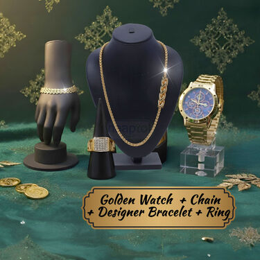 Golden Watch  + Chain + Designer Bracelet + Ring (MGWCBR16)