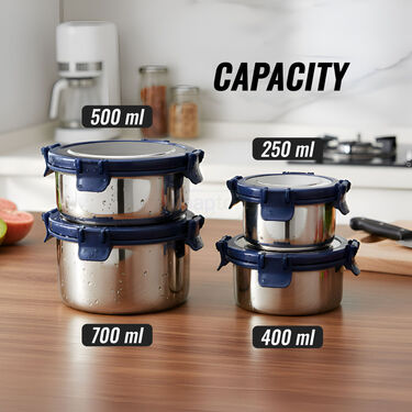 Pack of 4 Leakproof & Airtight Steel Container With Steel Lid (4SC1)