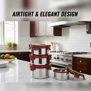 Pack of 4 Leakproof & Airtight Steel Container With Steel Lid (4SC1)