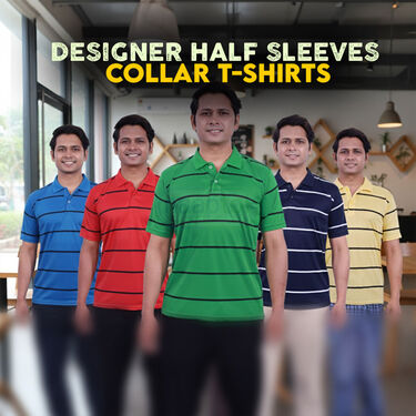 Pack of 5 Stripe Printed Half Sleeves Collar T-Shirts (5PT24)