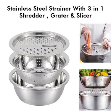 Stainless Steel Strainer With 3 In 1 Slicer, Dicer And Grater (3CGS1)