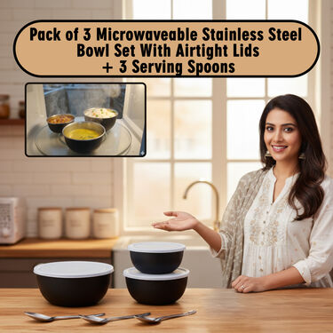 Pack of 3 Microwaveable Stainless Steel Bowl Set With Airtight Lids + Free 3 Serving Spoons (3MB3)
