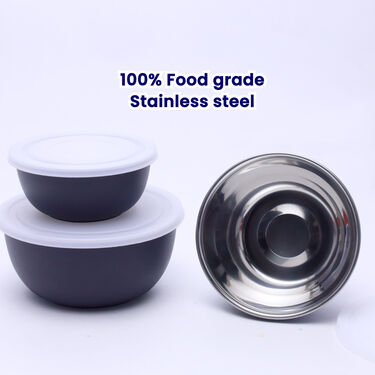 Pack of 3 Microwaveable Stainless Steel Bowl Set With Airtight Lids + Free 3 Serving Spoons (3MB3)