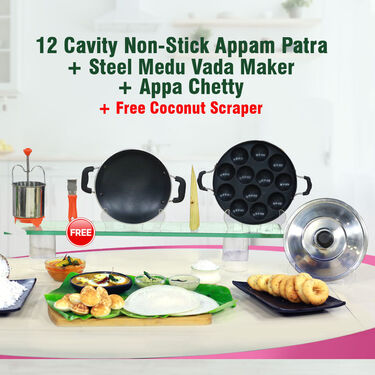 12 Cavity Nonstick Appam Patra + Steel Medu Vada Maker + Appa Chetty + Free Mini Coconut Scraper (1AP1MW5)