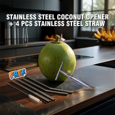 Stainless Steel Coconut Opener + 4 Pcs Stainless Steel Straw with Cleaning Brush (COS5)