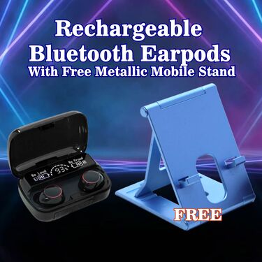 Rechargeable Bluetooth Earpods With Metallic Mobile Stand (TWS106)