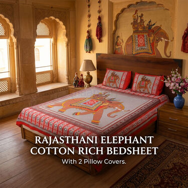 Rajasthani Elephant Cotton Rich Double Bedsheet With 2 Pillow Cover (DBS40)