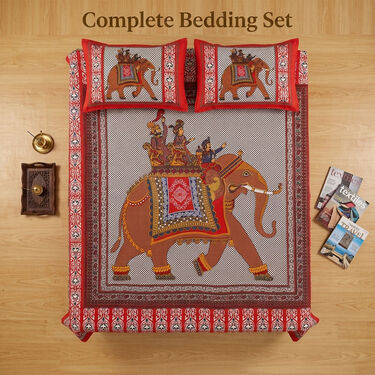 Rajasthani Elephant Cotton Rich Double Bedsheet With 2 Pillow Cover (DBS40)