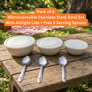 Pack of 3 Microwaveable Stainless Steel Bowl Set With Airtight Lids + Free 3 Serving Spoons (3MB4)