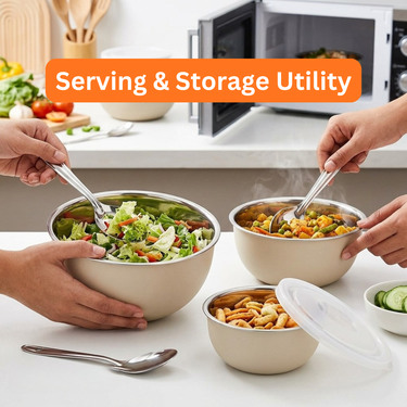 Pack of 3 Microwaveable Stainless Steel Bowl Set With Airtight Lids + Free 3 Serving Spoons (3MB4)